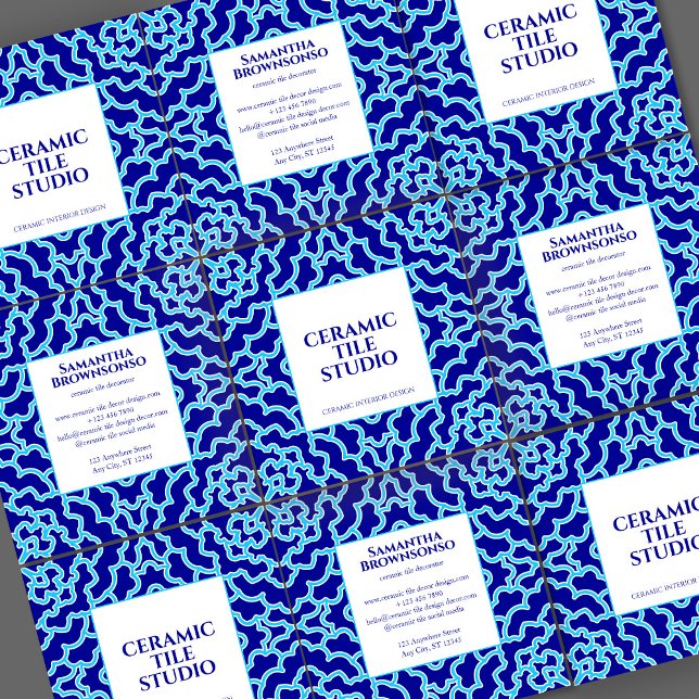 Blå Navy Sömlös Mozaikplatta Fyrkantigt Visitkort (Blue Navy Seamless Mosaic Tile Square Business Card)