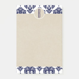 Blå Navy Vit Glam Damask Kraft Monogram Initial Post-it Block