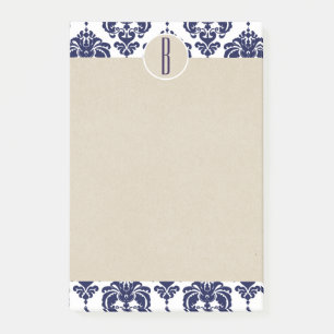 Blå Navy Vit Glam Damask Kraft Monogram Initial Post-it Block