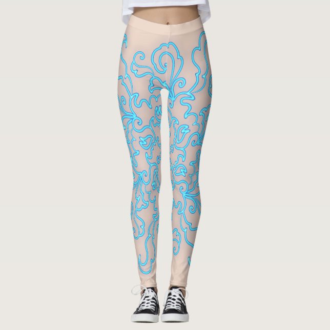 Blå neon Abstrakt Line Art Trendig Peach Leggings (Framsida)