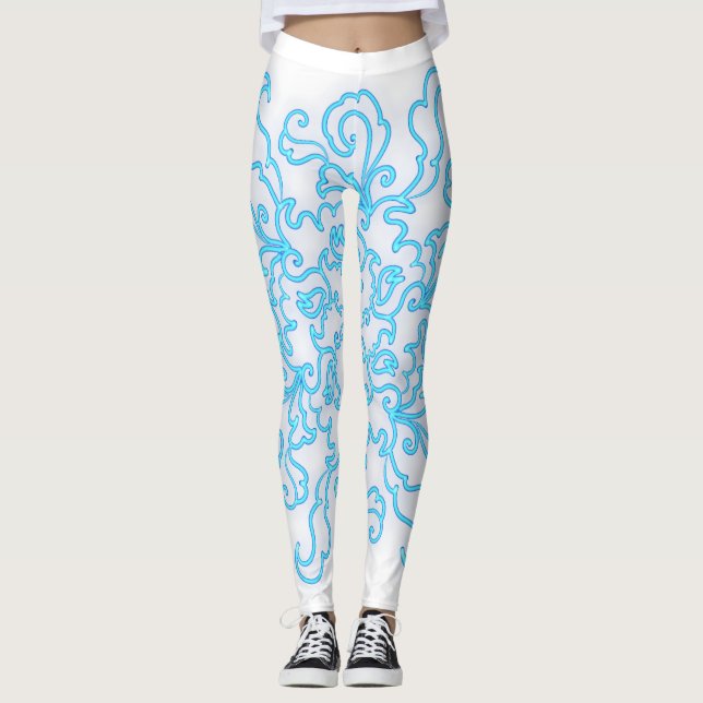 Blå neon Abstrakt Line Art Trendig White Leggings (Framsida)