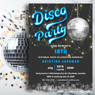 Blå neon Blue Disco-Födelsedagsfest Inbjudningar