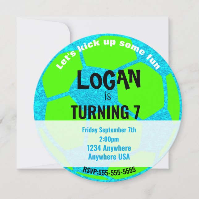 Blå neon Glow Soccer Ball Birthday,Fotboll party Inbjudningar (Framsida)