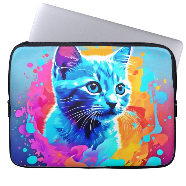 Blå Neon Katt i Splatter Laptop Fodral (Framsidan)