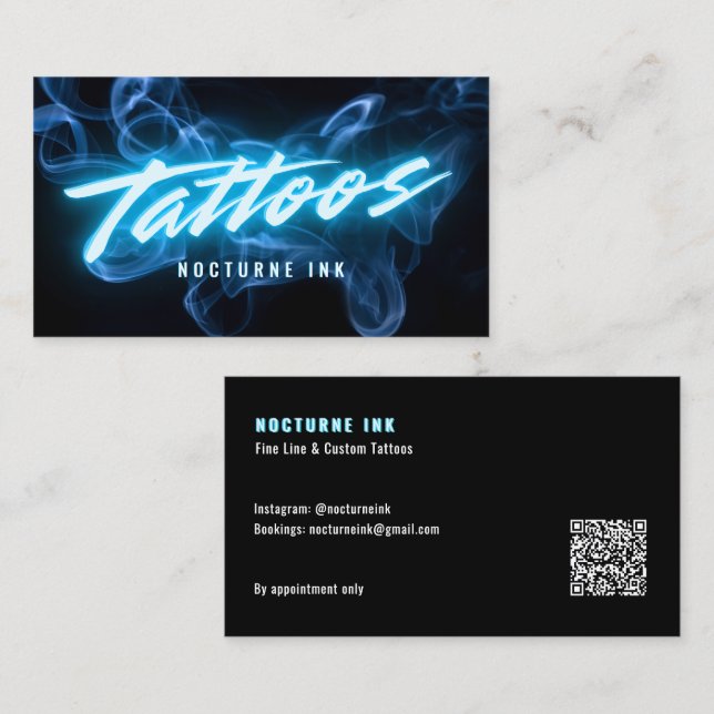Blå Neon & Rök Tatoveringsartist QR-kod Visitkort (Fram/baksida)