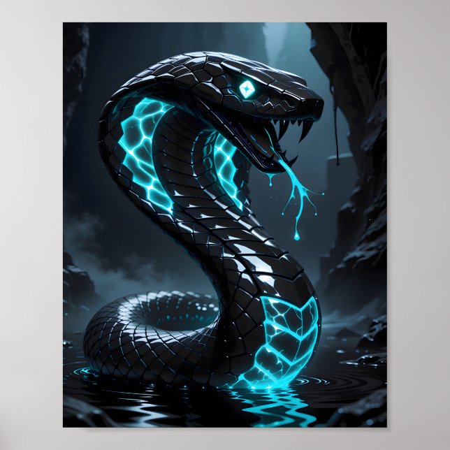 Blå Neon Svart Orm Glödande Kobra Fantasy Poster (Framsidan)