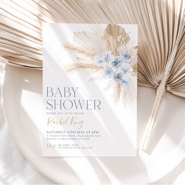 Blå Neutralt för Boho Baby Shower-inbjudningsblomm Inbjudningar (Skapare uppladdad)