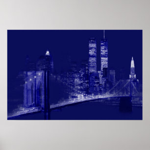 Blå New York City Natt Popkonst Poster