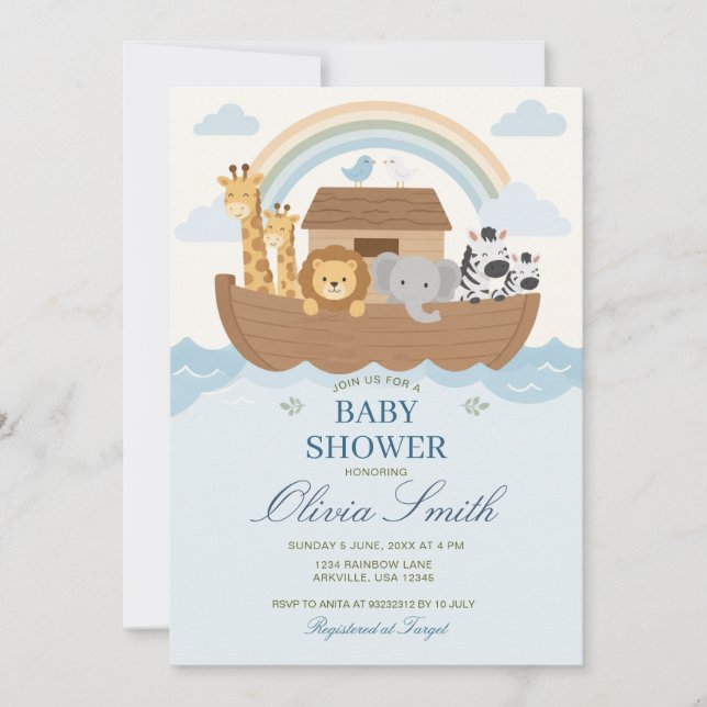 Blå Noas ark regnbåge baby shower Bibelhistoria Inbjudningar (Framsida)