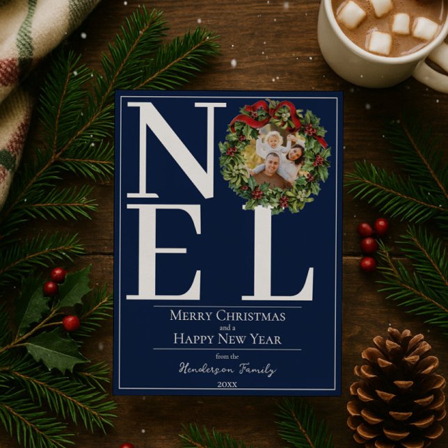 Blå Noel-julkrans Foto Julkort (Blue Noel Christmas Wreath Photo Holiday Card)