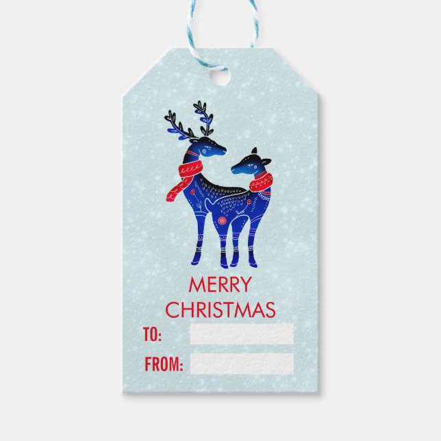 Blå nordiska julrenspar presentetikett (Framsidan)