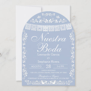Blå Nuestra Boda Papel Picado Spansk Bröllopsdekor Inbjudningar