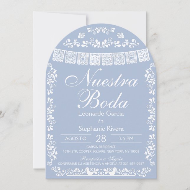 Blå Nuestra Boda Papel Picado Spansk Bröllopsdekor Inbjudningar (Framsida)