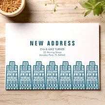 Blå ny adress med byggnad för återtecknad