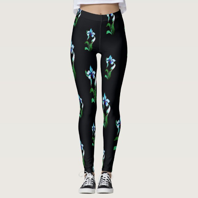 Blå nyblommor av grönt på svart leggings (Framsida)