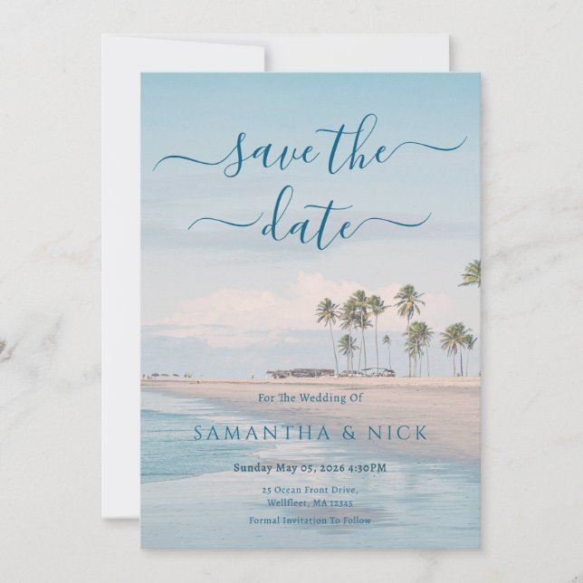 Blå Ocean Strand Bröllop Save The Date-kort (Framsida)