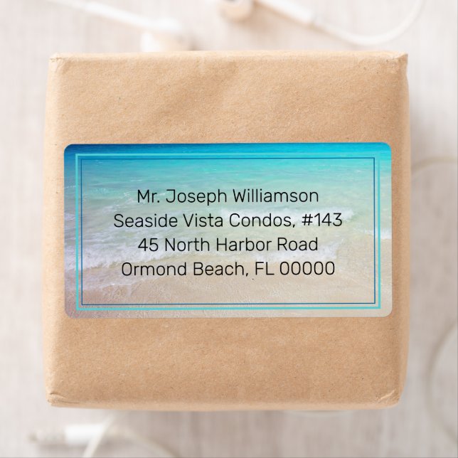 Blå Ocean Strand Sandtryckta Textfraktetiketter Fraktsedel (Insitu)