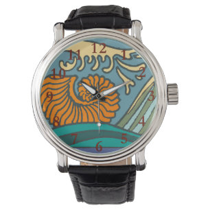 Blå oceanen Vågar Nautilus Seashell Mönster Nouvea Armbandsur