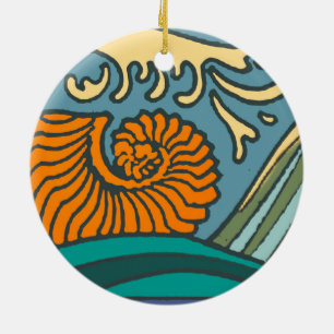Blå oceanen Vågar Nautilus Seashell Mönster Nouvea Julgransprydnad Keramik
