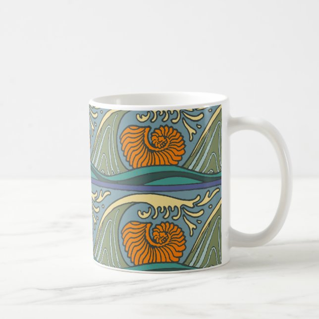 Blå oceanen Vågar Nautilus Seashell Mönster Nouvea Kaffemugg (Höger)