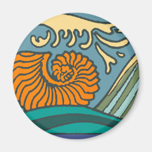 Blå oceanen Vågar Nautilus Seashell Mönster Nouvea Magnet