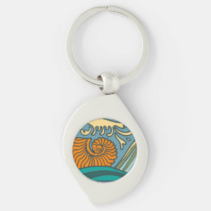 Blå oceanen Vågar Nautilus Seashell Mönster Nouvea Swirl Silverfärgad Nyckelring