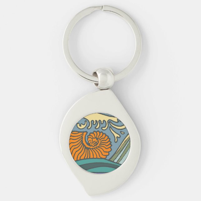 Blå oceanen Vågar Nautilus Seashell Mönster Nouvea Swirl Silverfärgad Nyckelring (Framsidan)