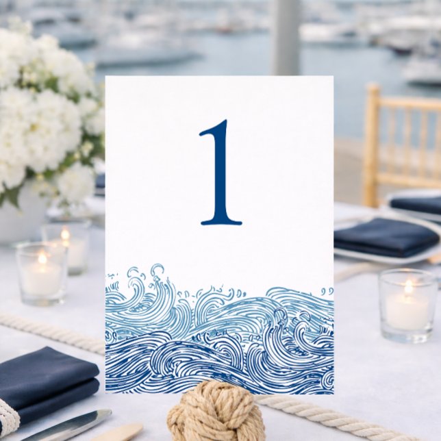 Blå Oceaniska Havsvågor Bröllops Bordnummer Inbjudningar (Blue Ocean Waves Wedding Table Number for a Yacht Club Wedding by Concertina Press)
