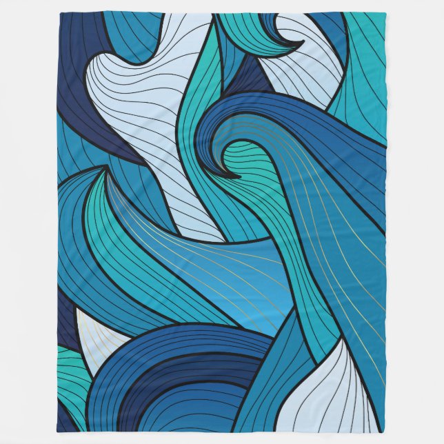 Blå Oceanvåg Abstrakt Linje Konst Design Fleecefilt (Framsidan)