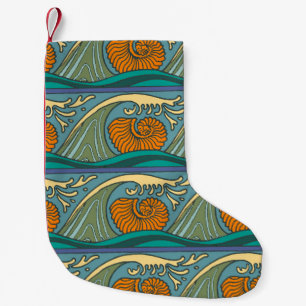 Blå Oceanvågor Nautilus Snäckmönster Art Nouveau Liten Julstrumpa