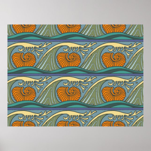 Blå Oceanvågor Nautilus Snäckmönster Nouveau Poster (Framsidan)