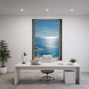 Blå Oceanvy Öppet Fönster Trompe L'Oeil Fototryck