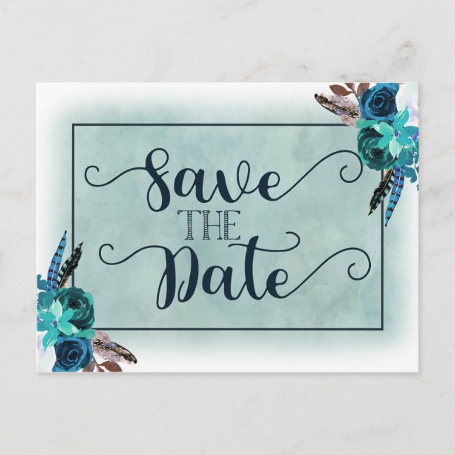 Blå och akvatiska vattenfärger Bröllop spara datum Meddelande Vykort (Framsida)