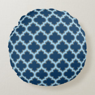 Blå och Baby blue trellis, lattice, quatrefoil Rund Kudde