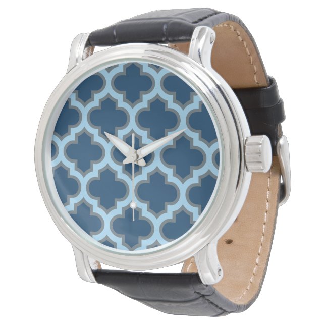 Blå och babyblå spaljé, gitter, fyrklöver armbandsur (Vinklad)