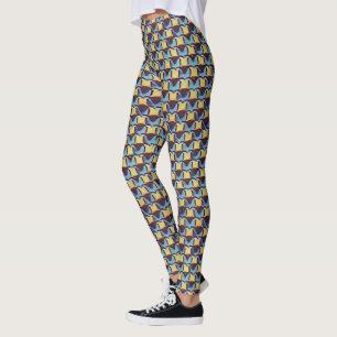 Blå och bärnstensfärgad abstrakt geometrisk rutnät leggings