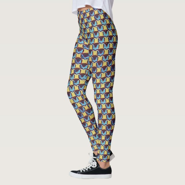 Blå och bärnstensfärgad abstrakt geometrisk rutnät leggings (Vänster)