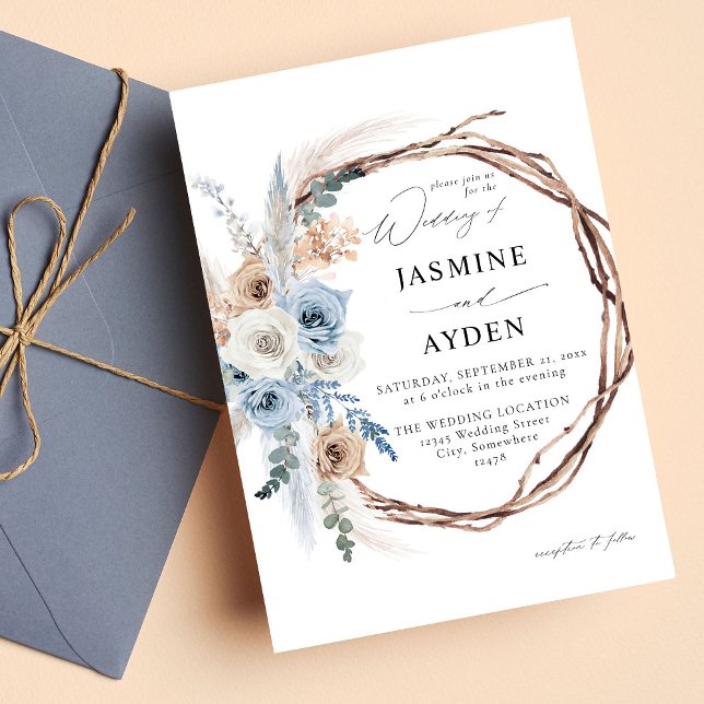 Blå och Beige Boho Blommigt Wandan Bröllop Inbjudningar (Skapare uppladdad)