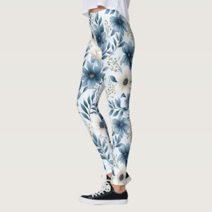 Blå- och Beige Flowers Leggings