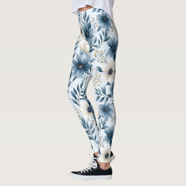 Blå- och Beige Flowers Leggings (Vänster)