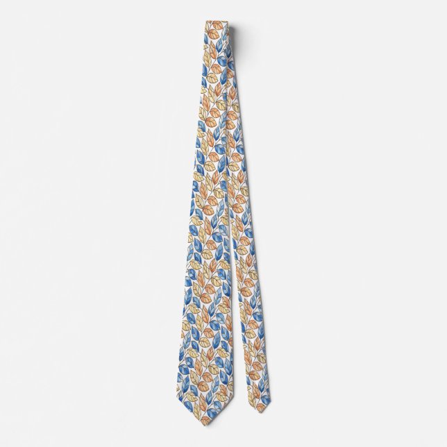 Blå och Beige Löv Herrkrage Slips (Framsida)