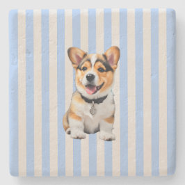 Blå Och Beige Randig Lekfull Corgi Hundälskare Stenunderlägg