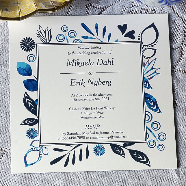 Blå och blå Grått-Löv Blommor Gräns Bröllop Inbjudningar (Crystal Blue, Blue-gray Floral Border Scandinavian Wedding Invitation w/ Leaves, Flowers, Hearts)