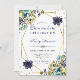 Blå och blå sommarblommor och Ram Quinceanera Inbjudningar