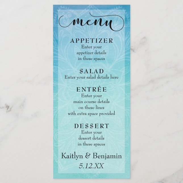 Blå och blå vattenfärg med Mandala Bröllop Menu Meny (Framsida)