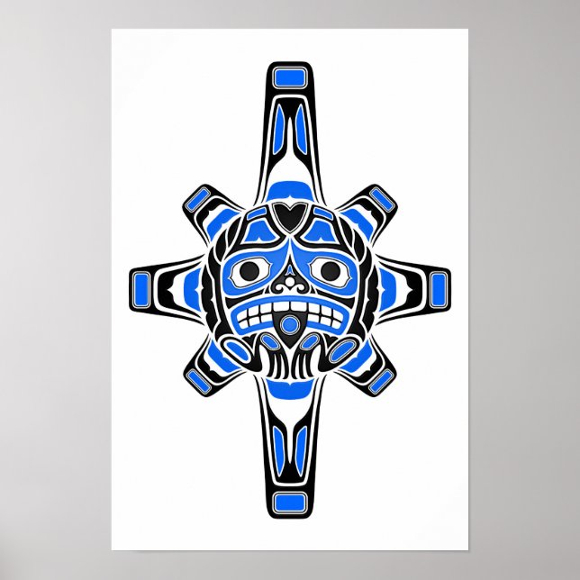 Blå och Black Haida Sol Mask på vit Poster (Framsidan)