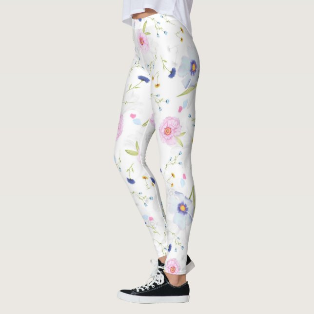 Blå och Blek Rosa Flowers Leggings (Vänster)