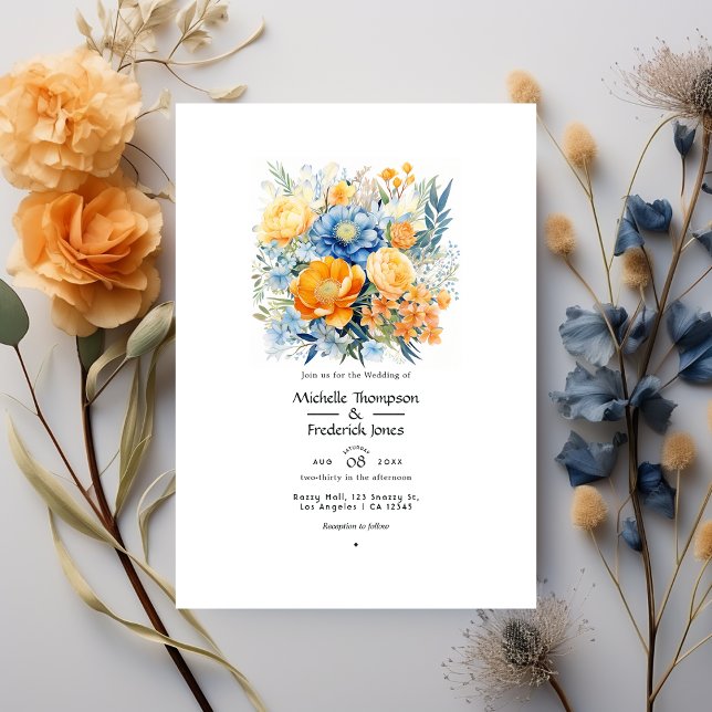 Blå och blekt orange blomsterbröllop vår inbjudningar (Skapare uppladdad)