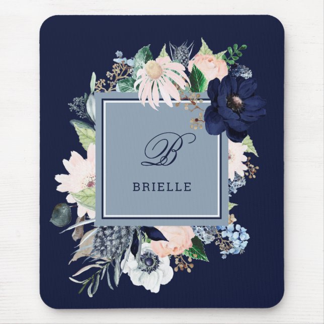 Blå och  Blommigt | Namn och Monogram Musmatta (Framsidan)