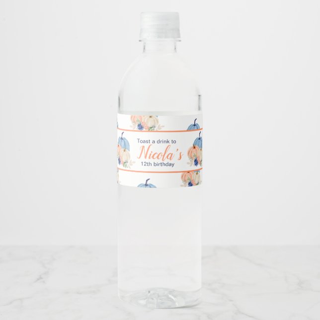 Blå och  Blommigt Pumpkins Birthday Vattenflaskor Etikett (Framsida)
